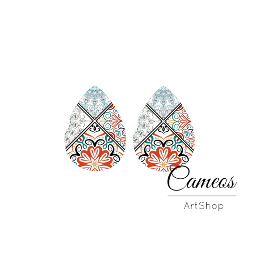 2 pcs Red Tile Handmade Teardrop Photo Glass Cabochon, Glass Dome Cabochons, 18x25mm Pattern Cabochon Resin Charm- DZ07