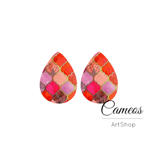 2 pcs Red Handmade Teardrop Photo Glass Cabochon, Glass Dome Cabochons, 18x25mm Pattern Cabochon Resin Charm- DZ08