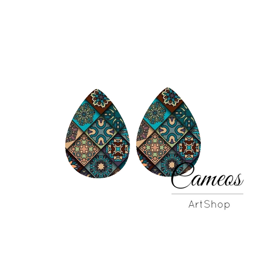 2 pcs Blue Tile Handmade Teardrop Photo Glass Cabochon, Glass Dome Cabochons, 18x25mm Pattern Cabochon Resin Charm- DZ09