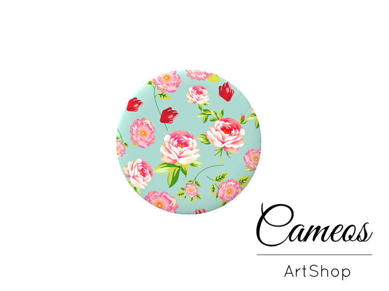 Round handmade glass cabochons 8mm up to 25mm, Floral Motive- G903 - Cameos Art Shop