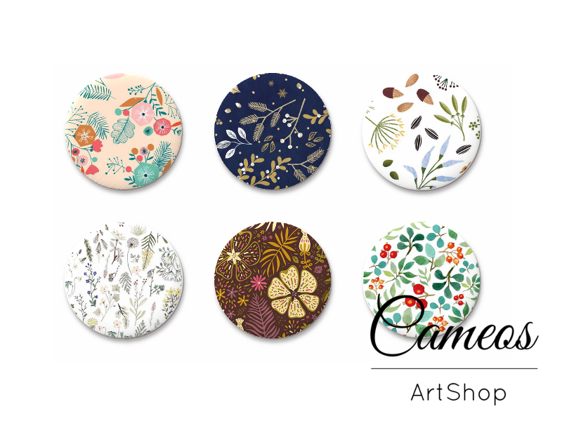 6 pieces round glass cabochons 20mm or 25mm, Floral Motive- G969 - Cameos Art Shop