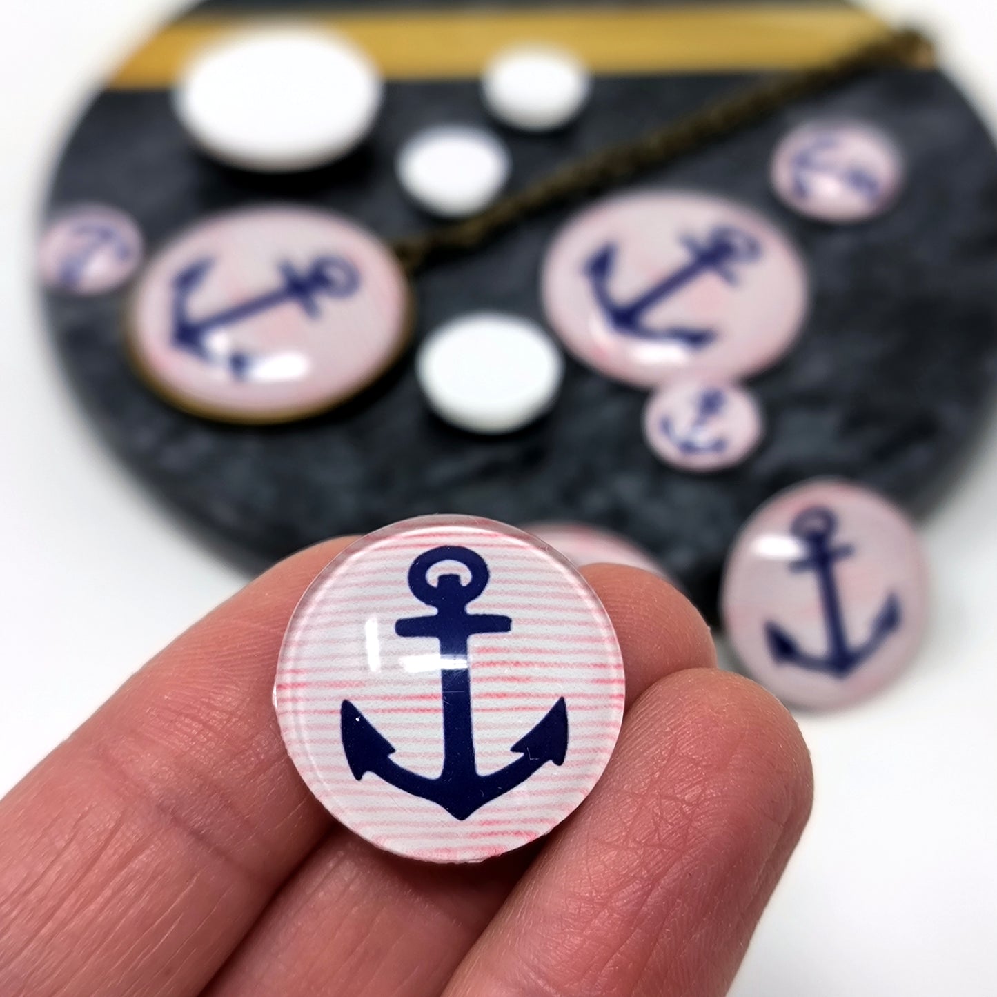 Glass cabochon set 1x25mm and 2x12mm or 1x20mm and 2x10mm, Blue Anchor - S1453