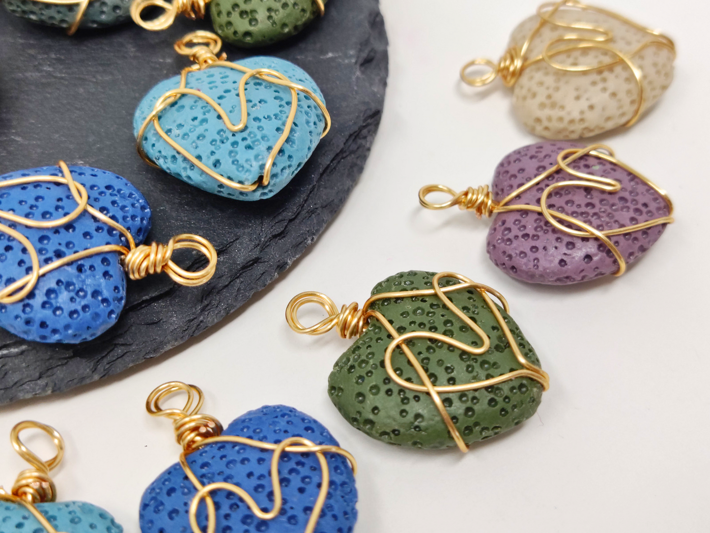 Lava Gemstone Beads Copper Wire Wrap Pendant Necklace Charm, 1pcs