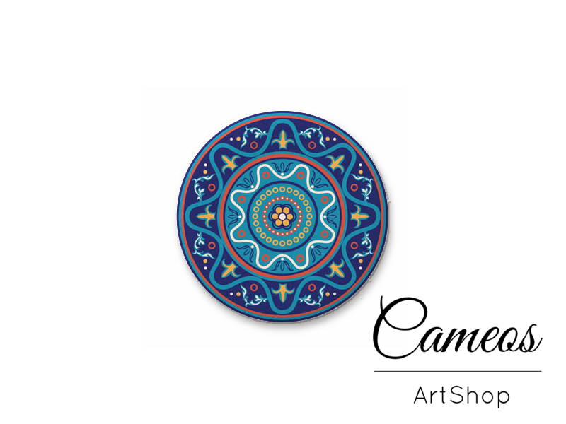 Round handmade glass dome cabochons 8mm up to 25mm, Blue Mandala- L500 - Cameos Art Shop