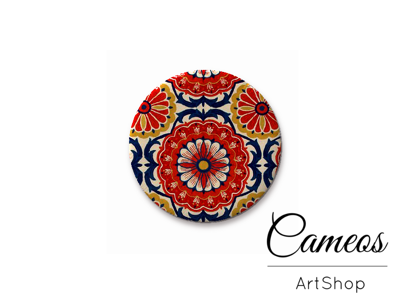 Round handmade glass cabochons 8mm up to 25mm, Red Mosaic Motive- L74 - Cameos Art Shop