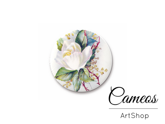 Round handmade glass cabochons 8mm up to 25mm, White Flowers - L81 - Cameos Art Shop