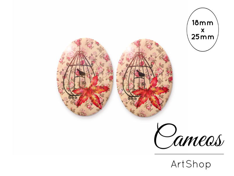 Oval Glass Cabochon 18x25mm, Bird cage motive 2 pieces - O107 - Cameos Art Shop