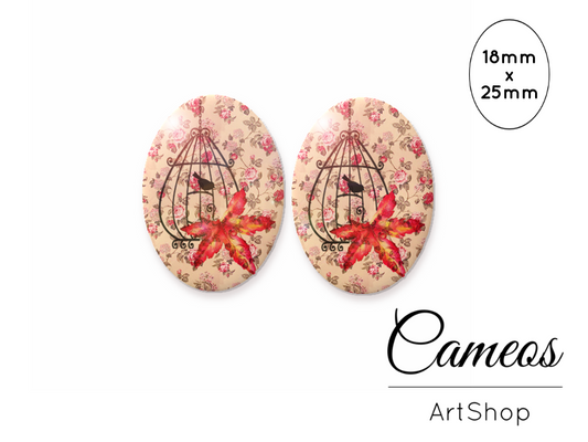 Oval Glass Cabochon 18x25mm, Bird cage motive 2 pieces - O107 - Cameos Art Shop