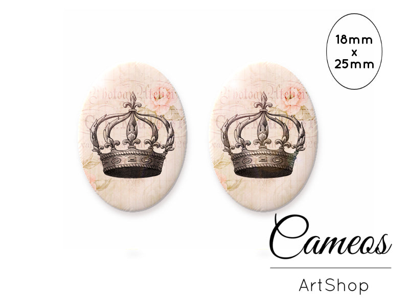 Oval Glass Cabochon 18x25mm Crown motive 2 pieces - O119 - Cameos Art Shop
