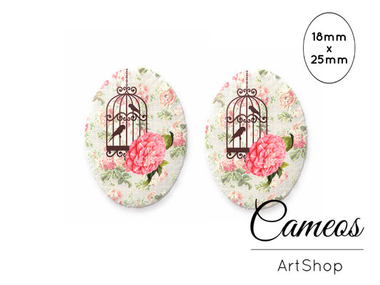 Oval Glass Cabochon 18x25mm, Bird cage motive 2 pieces - O127 - Cameos Art Shop
