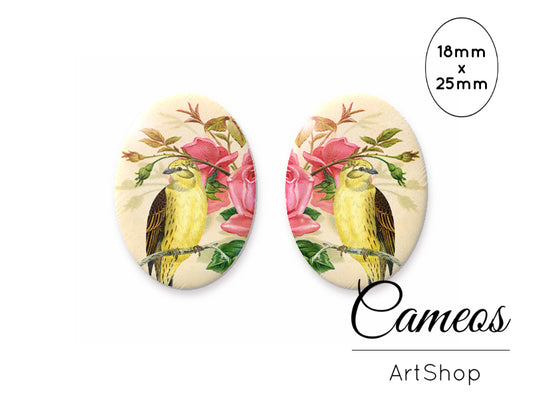 Oval Glass Cabochon 18x25mm Bird motive 2 pieces - O136 - Cameos Art Shop