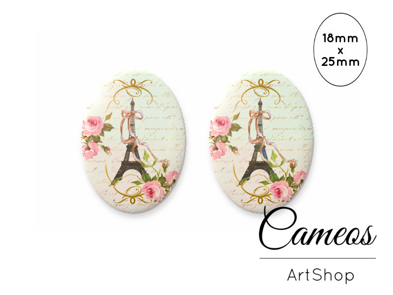 Oval Glass Cabochon 18x25mm Eiffel tower motive 2 pieces - O151 - Cameos Art Shop