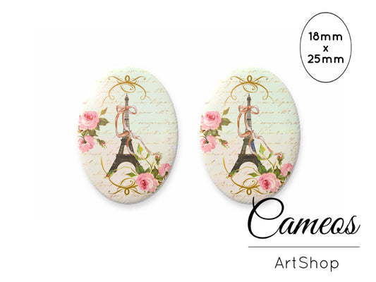 Oval Glass Cabochon 18x25mm Eiffel tower motive 2 pieces - O151 - Cameos Art Shop