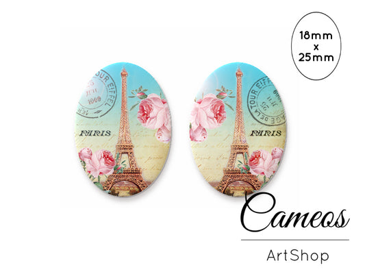 Oval Glass Cabochon 18x25mm Eiffel tower motive 2 pieces - O152 - Cameos Art Shop