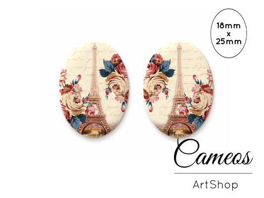 Oval Glass Cabochon 18x25mm Eiffel tower motive 2 pieces - O154 - Cameos Art Shop