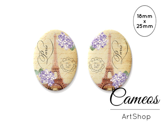 Oval Glass Cabochon 18x25mm Eiffel tower motive 2 pieces - O155 - Cameos Art Shop