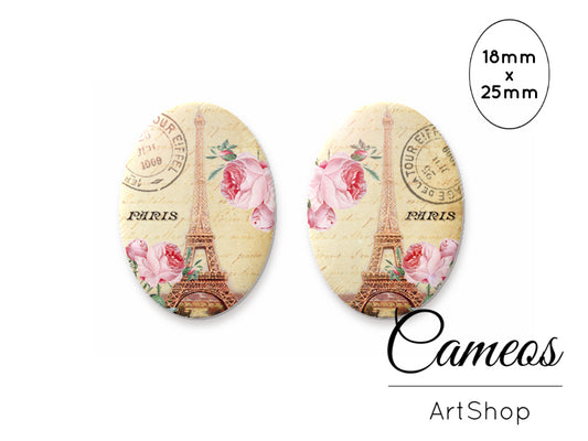 Oval Glass Cabochon 18x25mm Eiffel tower motive 2 pieces - O161 - Cameos Art Shop