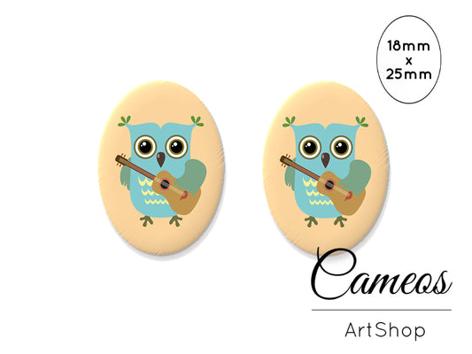 Oval Glass Cabochon 18x25mm, Cute Owl motive 2 pieces - O181 - Cameos Art Shop