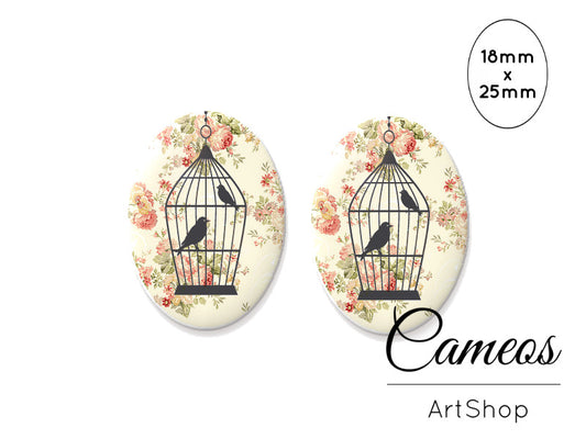 Oval Glass Cabochon 18x25mm, Vintage motive 2 pieces - O182 - Cameos Art Shop