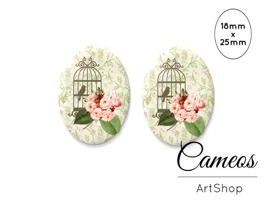 Oval Glass Cabochon 18x25mm, Vintage motive 2 pieces - O183 - Cameos Art Shop