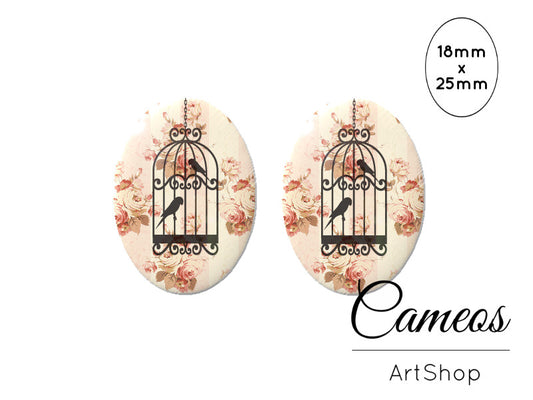 Oval Glass Cabochon 18x25mm, Vintage motive 2 pieces - O184 - Cameos Art Shop