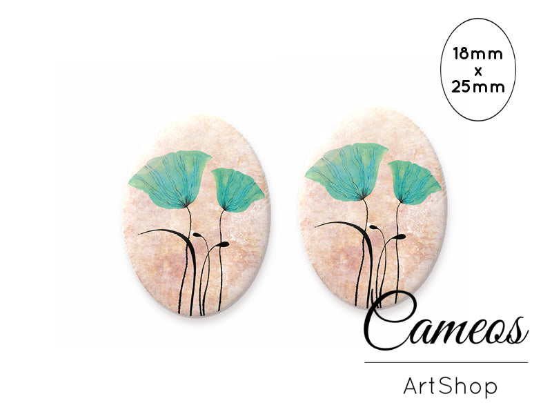 Oval Glass Cabochon 18x25mm Poppy Flowers 2 pieces - O200 - Cameos Art Shop