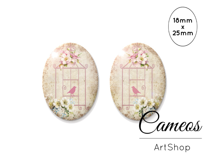 Oval Glass Cabochon 18x25mm Bird Cage 2 pieces - O205 - Cameos Art Shop