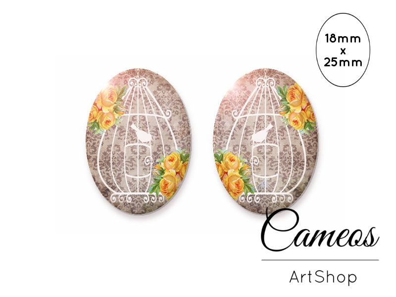 Oval Glass Cabochon 18x25mm Bird Cage 2 pieces - O210 - Cameos Art Shop