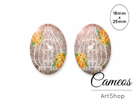 Oval Glass Cabochon 18x25mm Bird Cage 2 pieces - O210 - Cameos Art Shop