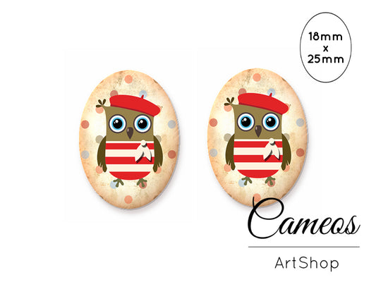 Oval Glass Cabochon 18x25mm Cute Owl 2 pieces - O214 - Cameos Art Shop