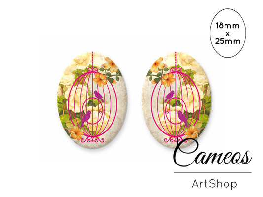 Oval Glass Cabochon 18x25mm Bird Cage 2 pieces - O234 - Cameos Art Shop