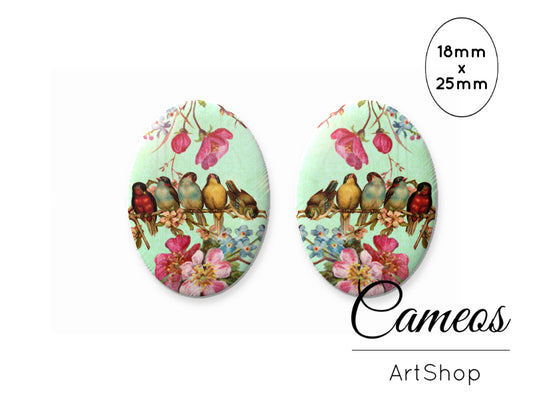 Oval Glass Cabochon 18x25mm Birds 2 pieces - O241 - Cameos Art Shop