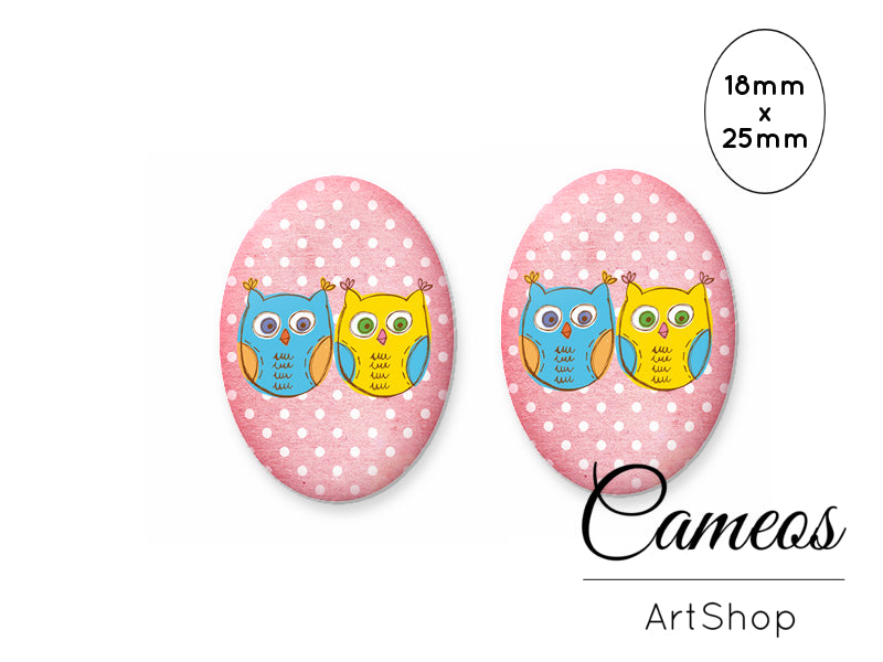 Oval Glass Cabochon 18x25mm Owls 2 pieces - O244 - Cameos Art Shop