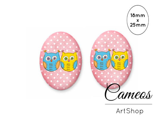 Oval Glass Cabochon 18x25mm Owls 2 pieces - O244 - Cameos Art Shop