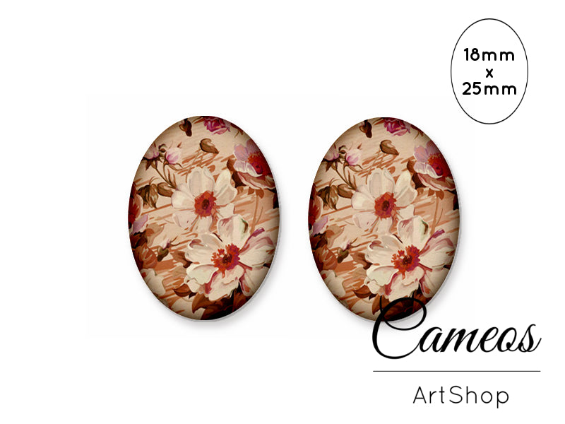 Oval Glass Cabochon 18x25mm Floral Motive 2 pieces - O257 - Cameos Art Shop