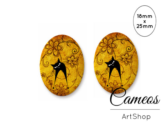 Oval Glass Cabochon 18x25mm Black Cat 2 pieces - O258 - Cameos Art Shop