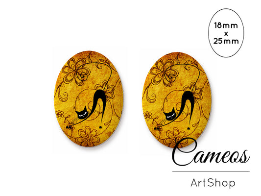 Oval Glass Cabochon 18x25mm Black Cat 2 pieces - O259 - Cameos Art Shop