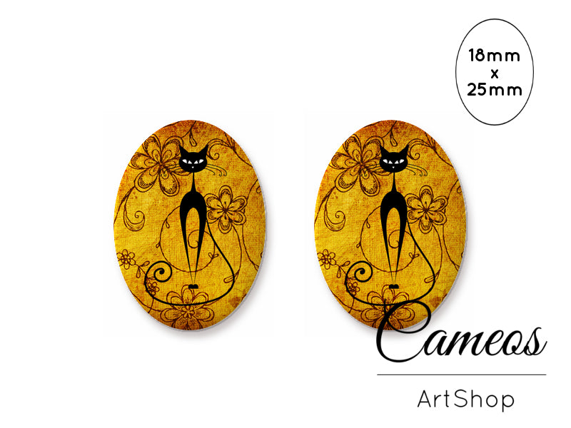 Oval Glass Cabochon 18x25mm Black Cat 2 pieces - O260 - Cameos Art Shop