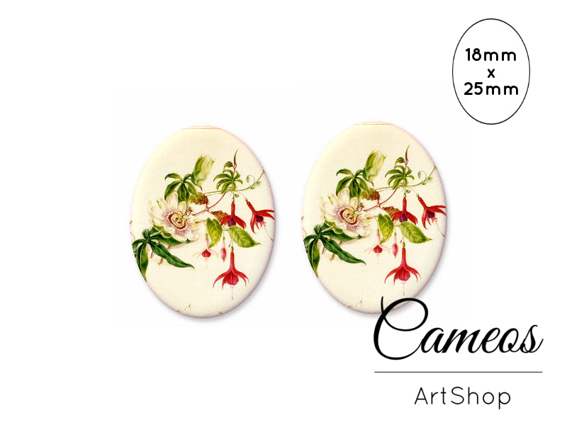 Oval Glass Cabochon 18x25mm Flowers 2 pieces - O272 - Cameos Art Shop