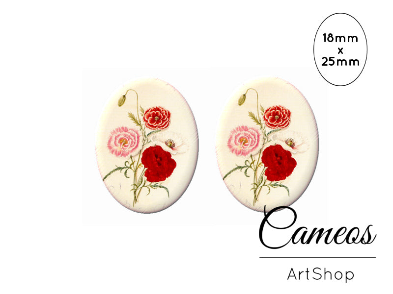 Oval Glass Cabochon 18x25mm Red flowers 2 pieces - O284 - Cameos Art Shop
