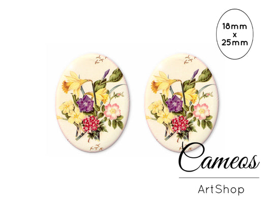 Oval Glass Cabochon 18x25mm Red flowers 2 pieces - O289 - Cameos Art Shop