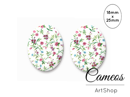 Oval Glass Cabochon 18x25mm Floral motive 2 pieces - 0778 - Cameos Art Shop