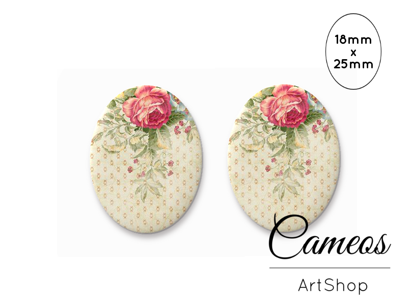 Oval Glass Cabochon 18x25mm Green Floral motive 2 pieces - O790 - Cameos Art Shop