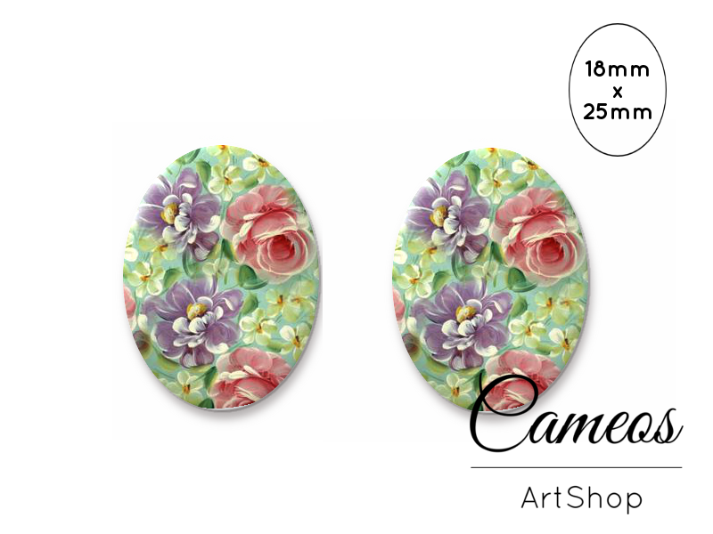 Oval Glass Cabochon 18x25mm Flowers 2 pieces - O796 - Cameos Art Shop