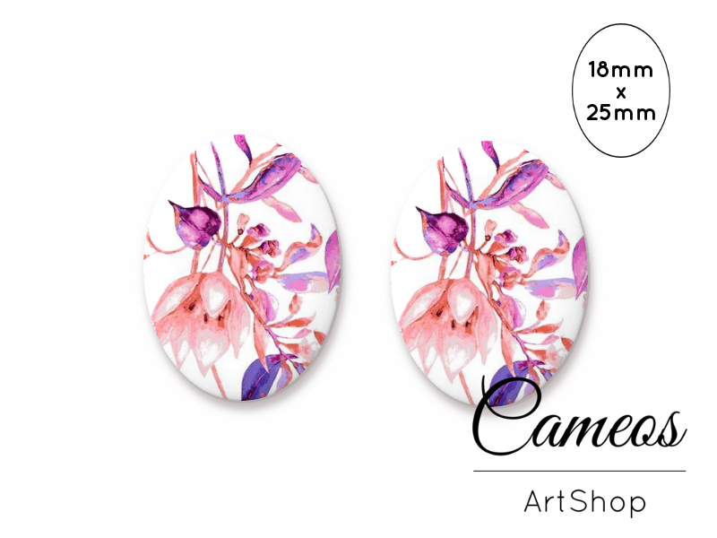 Oval Glass Cabochon 18x25mm Flowers 2 pieces - O797 - Cameos Art Shop