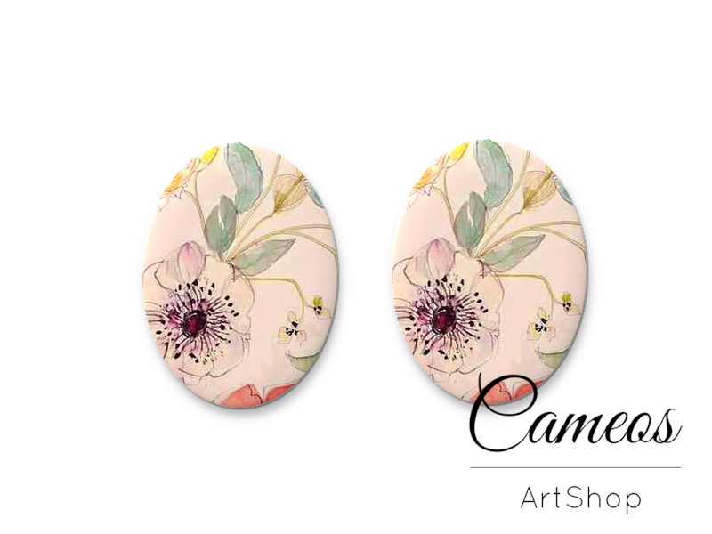 Oval Glass Cabochon 18x25mm Flowers 2 pieces - O800 - Cameos Art Shop