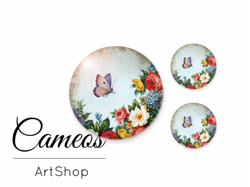 Glass cabochon set 1x25mm and 2x12mm or 1x20mm and 2x10mm, Butterfly Motive- S129 - Cameos Art Shop