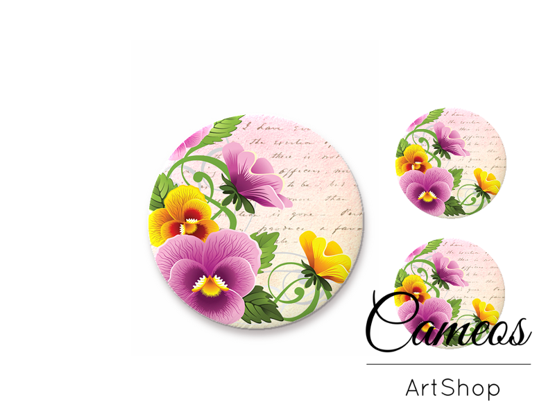 Glass cabochon set 1x25mm and 2x12mm or 1x20mm and 2x10mm, Flowers- S1301 - Cameos Art Shop