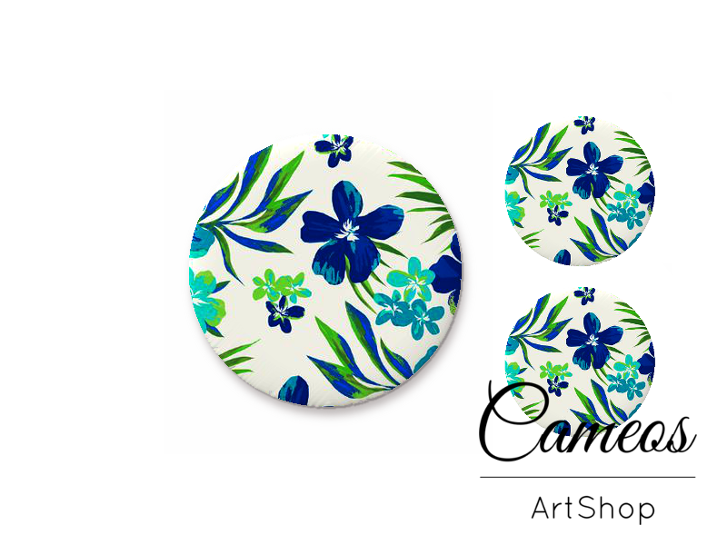 Glass cabochon set 1x25mm and 2x12mm or 1x20mm and 2x10mm, Blue Flowers- S1325 - Cameos Art Shop
