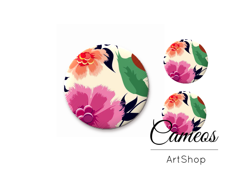 Glass cabochon set 1x25mm and 2x12mm or 1x20mm and 2x10mm, Flowers- S1338 - Cameos Art Shop
